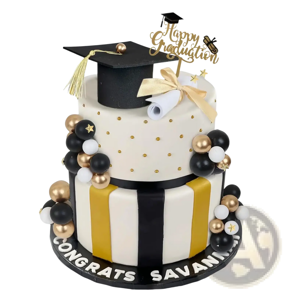 A two-tiered white fondant graduation cake with black gold stripes and a black mortarboard topper for 2026 seniors