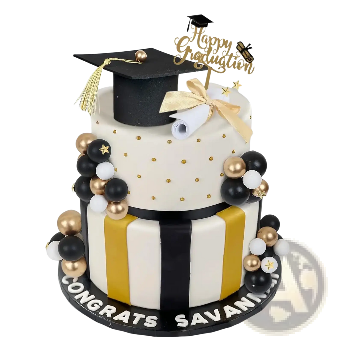 A two-tiered white fondant graduation cake with black gold stripes and a black mortarboard topper for 2026 seniors