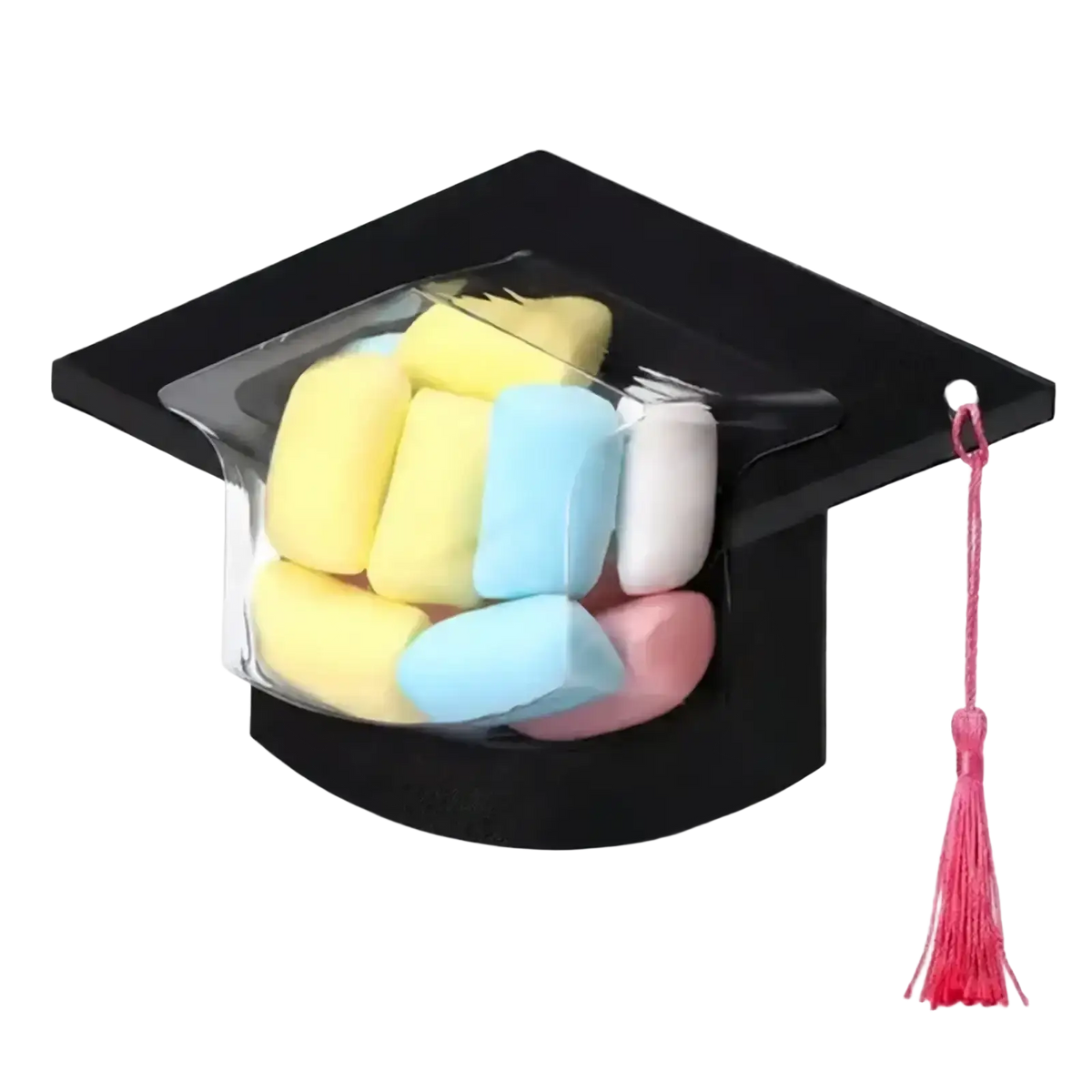 A black graduation cap candy diy party favor with a clear plastic window filled with colorful marshmallows and a pink tassel