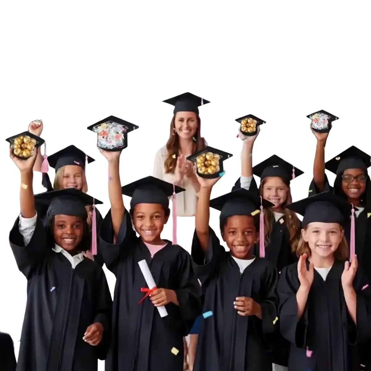 Black graduation cap candy card with pink tassel and decorative candy-filled interior for diy party favor