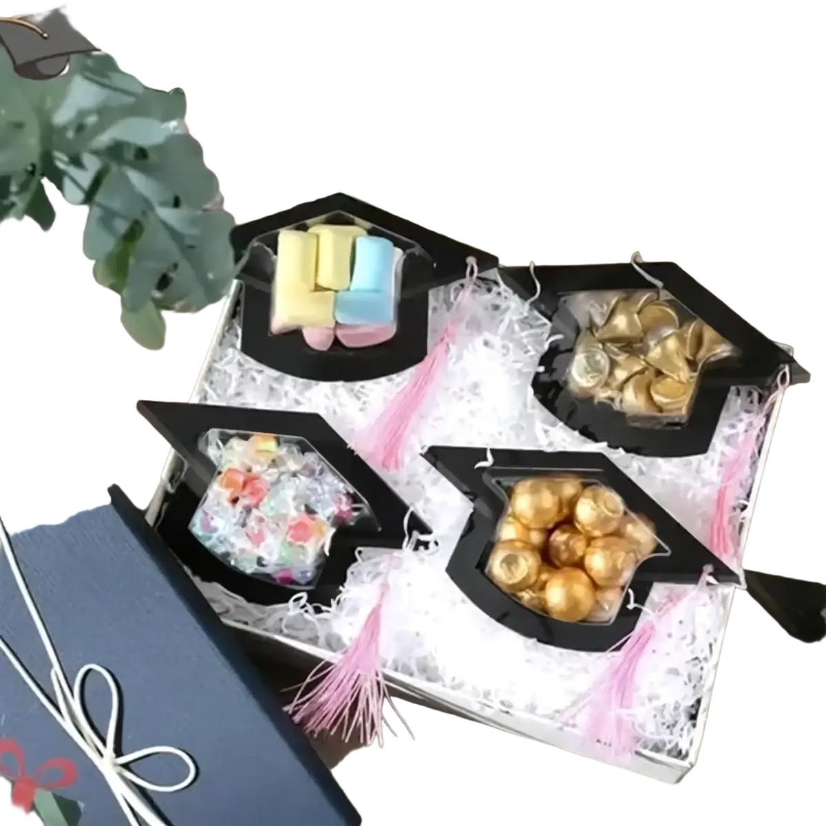 Black graduation cap candy card diy party favor gift boxes filled with colorful candies and gold chocolates with pink tassel