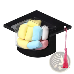 Black graduation cap candy card diy party favor with clear window filled with colorful marshmallows and pink tassel