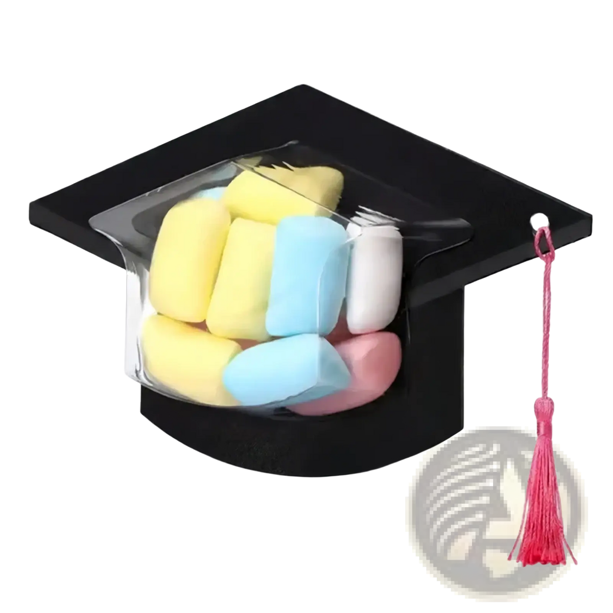 Black graduation cap candy card diy party favor with clear window filled with colorful marshmallows and pink tassel