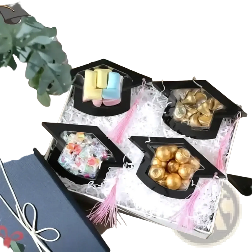 Black graduation cap candy card diy party favor gift boxes filled with colorful candies and gold chocolates with pink tassel