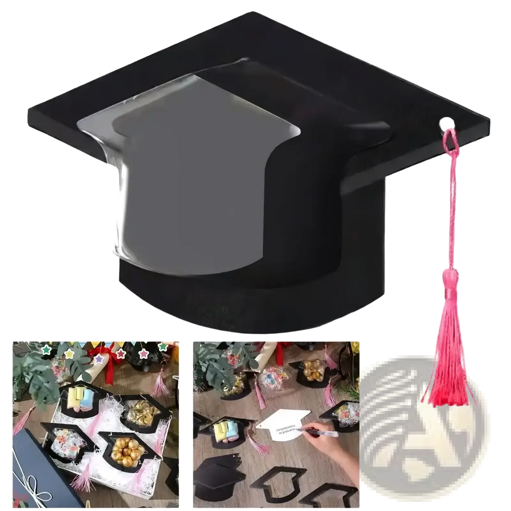 Black graduation cap candy holder with pink tassel designed for diy party favor and graduation card gift