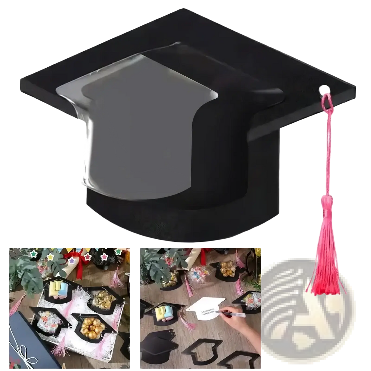 Black graduation cap candy holder with pink tassel designed for diy party favor and graduation card gift