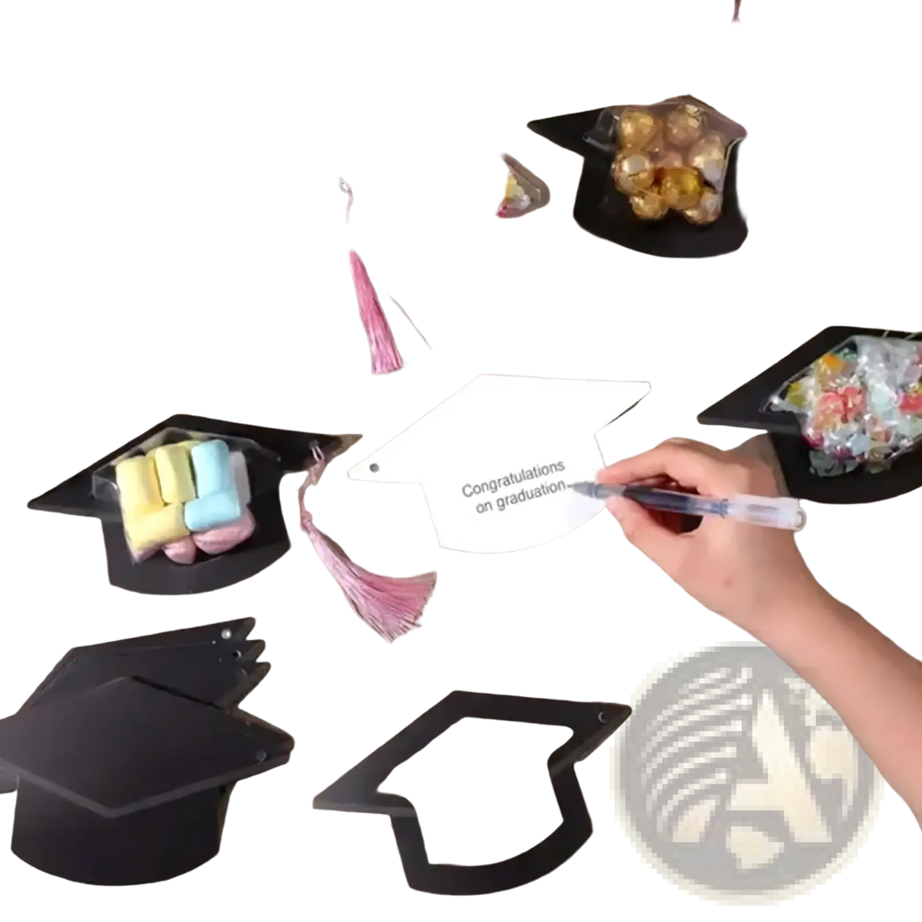 White graduation cap shaped paper card with congratulations on graduation printed in black ink for party favors