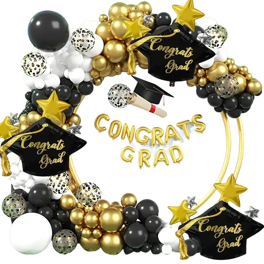 Black graduation cap foil balloons with gold congrats grad lettering in a 3-pack with black white and gold latex balloons