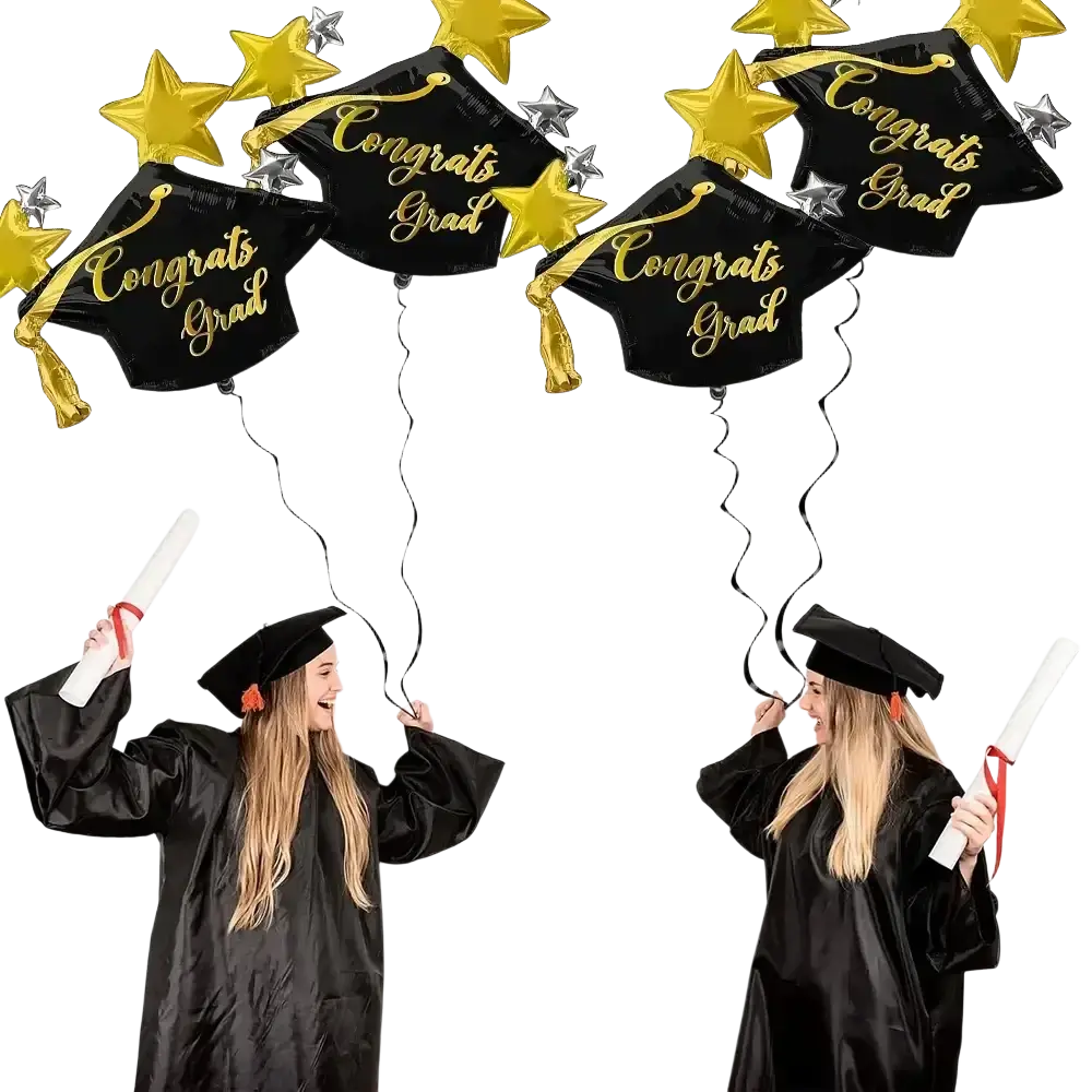 Graduation cap foil balloons 3-pack with black caps gold congrats grad lettering and gold tassels with star-shaped foil balloons