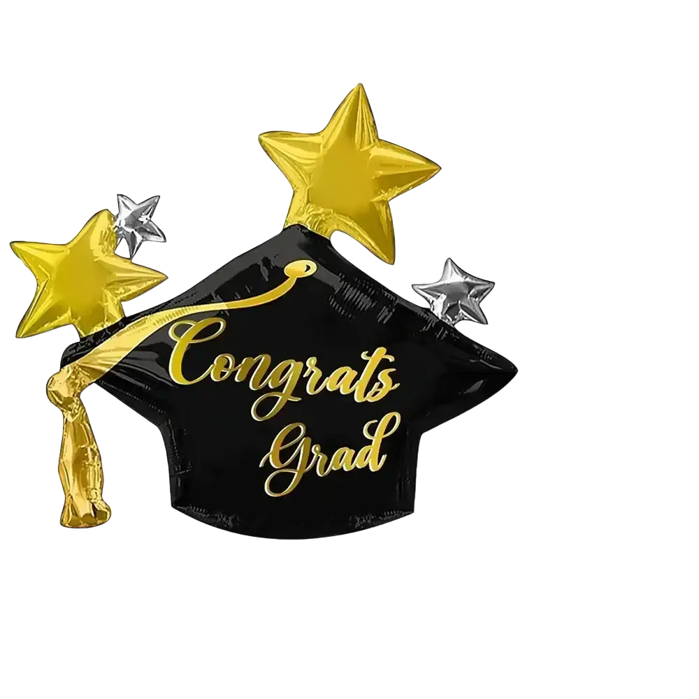 Graduation cap foil balloons 3-pack featuring a black cap balloon with gold congrats grad text and star-shaped balloons