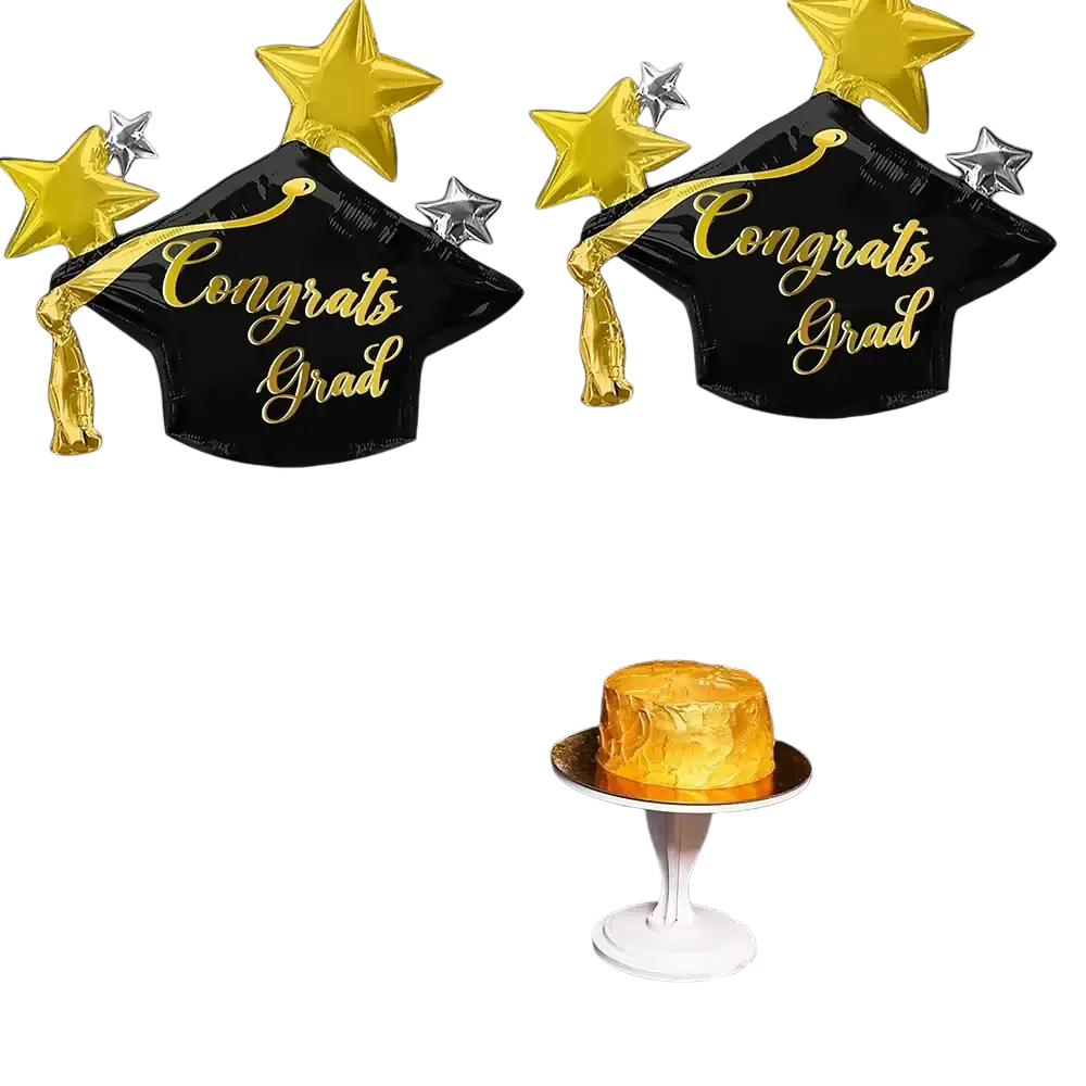 Black graduation cap foil balloons 3-pack with gold lettering tassels and golden star mylar decorations for congrats grad