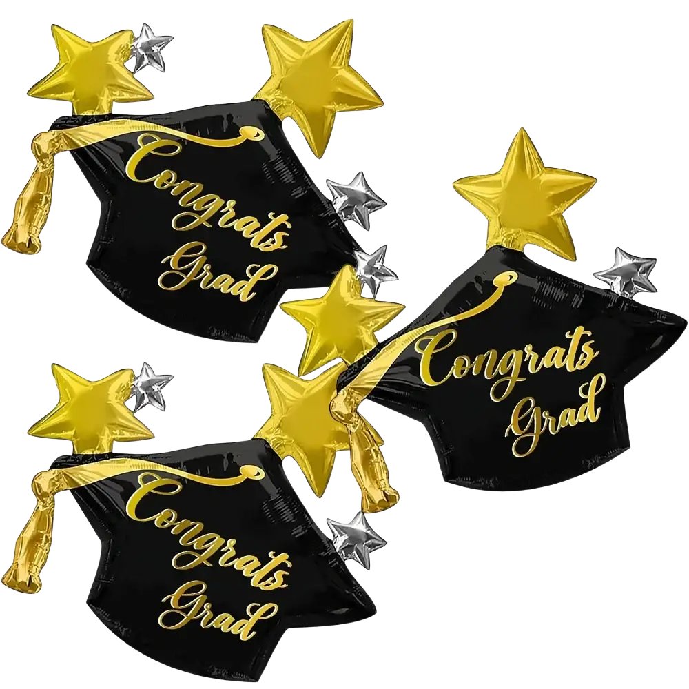 Graduation cap foil balloons 3-pack with black balloons, gold lettering, and shiny gold star decorations for Congrats Grad