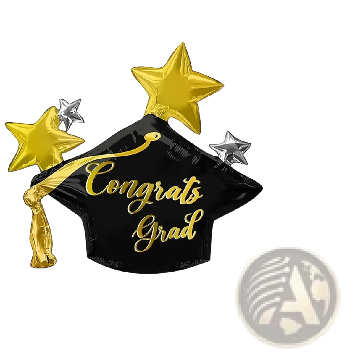 Black foil graduation cap balloon with gold and silver star decorations and congrats grad cursive text in 3-pack set