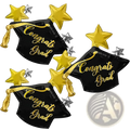 Graduation cap foil balloons 3-pack with black balloons, gold lettering, and shiny gold star decorations for Congrats Grad
