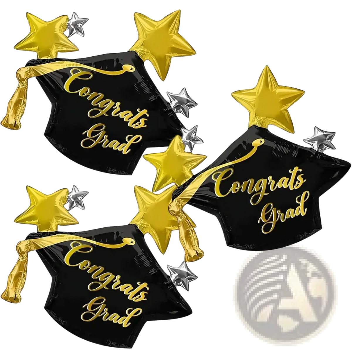 Graduation cap foil balloons 3-pack with black balloons, gold lettering, and shiny gold star decorations for Congrats Grad