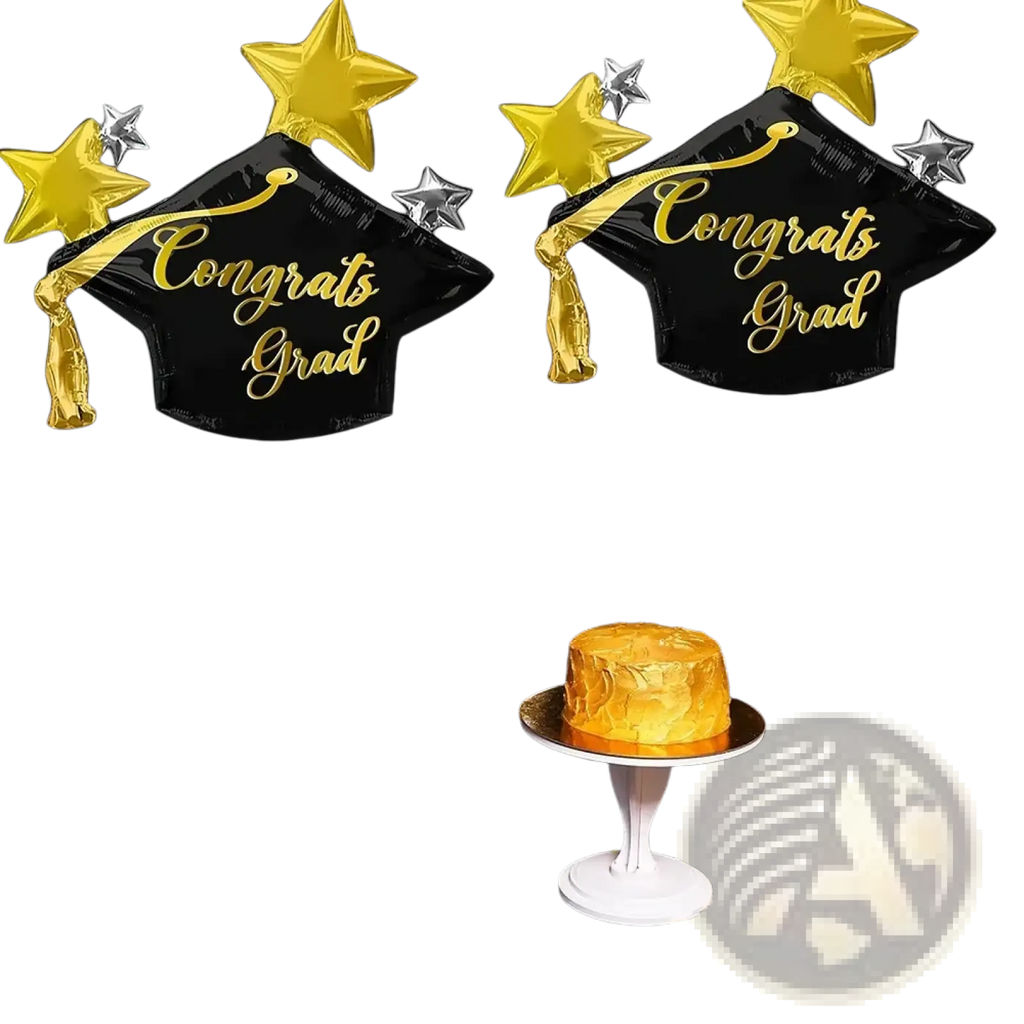 Black graduation cap foil balloons 3-pack with gold lettering tassels and golden star mylar decorations for congrats grad