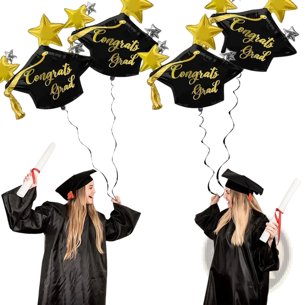 Graduation cap foil balloons 3-pack in black with gold congrats grad lettering tassels and golden star accents