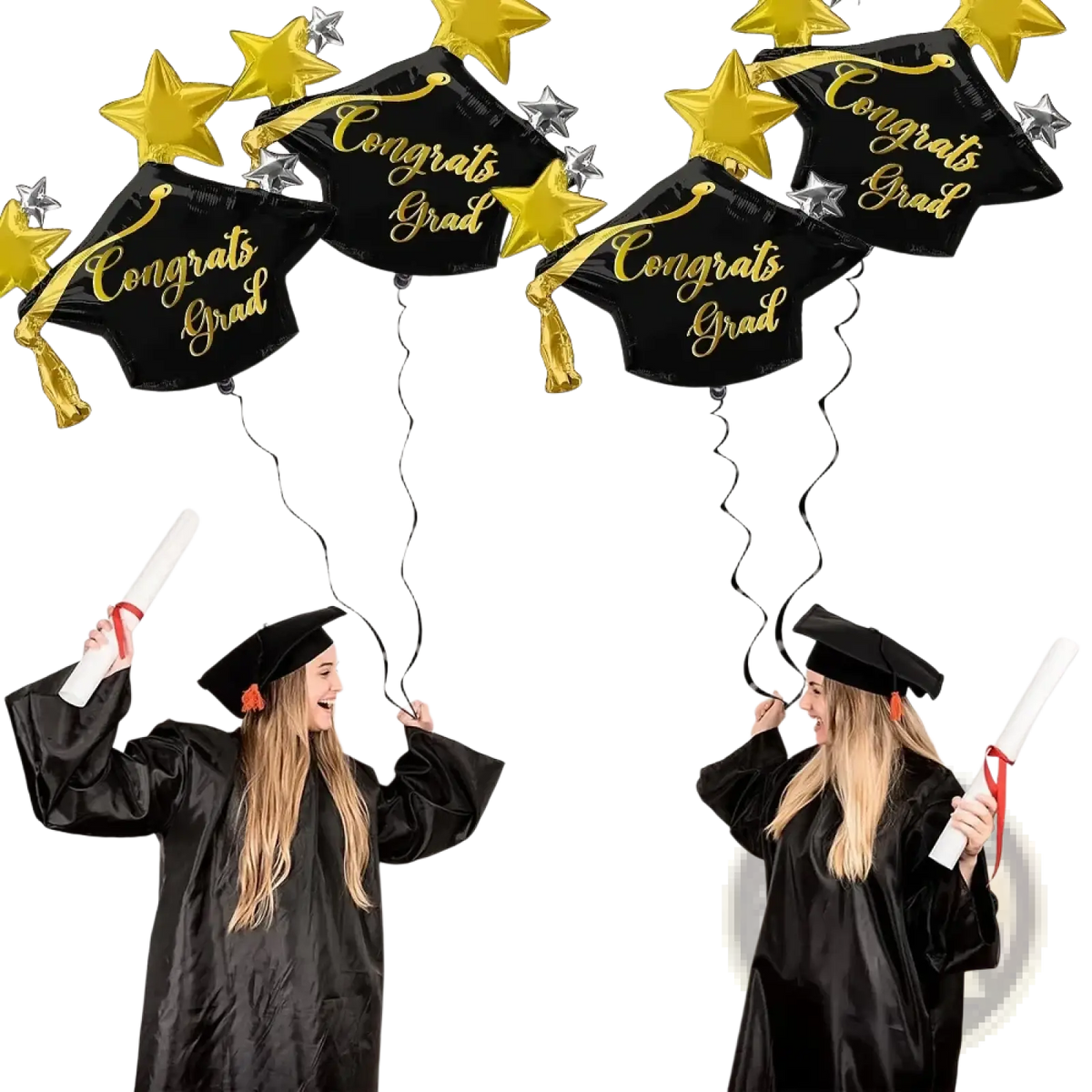 Graduation cap foil balloons 3-pack in black with gold congrats grad lettering tassels and golden star accents