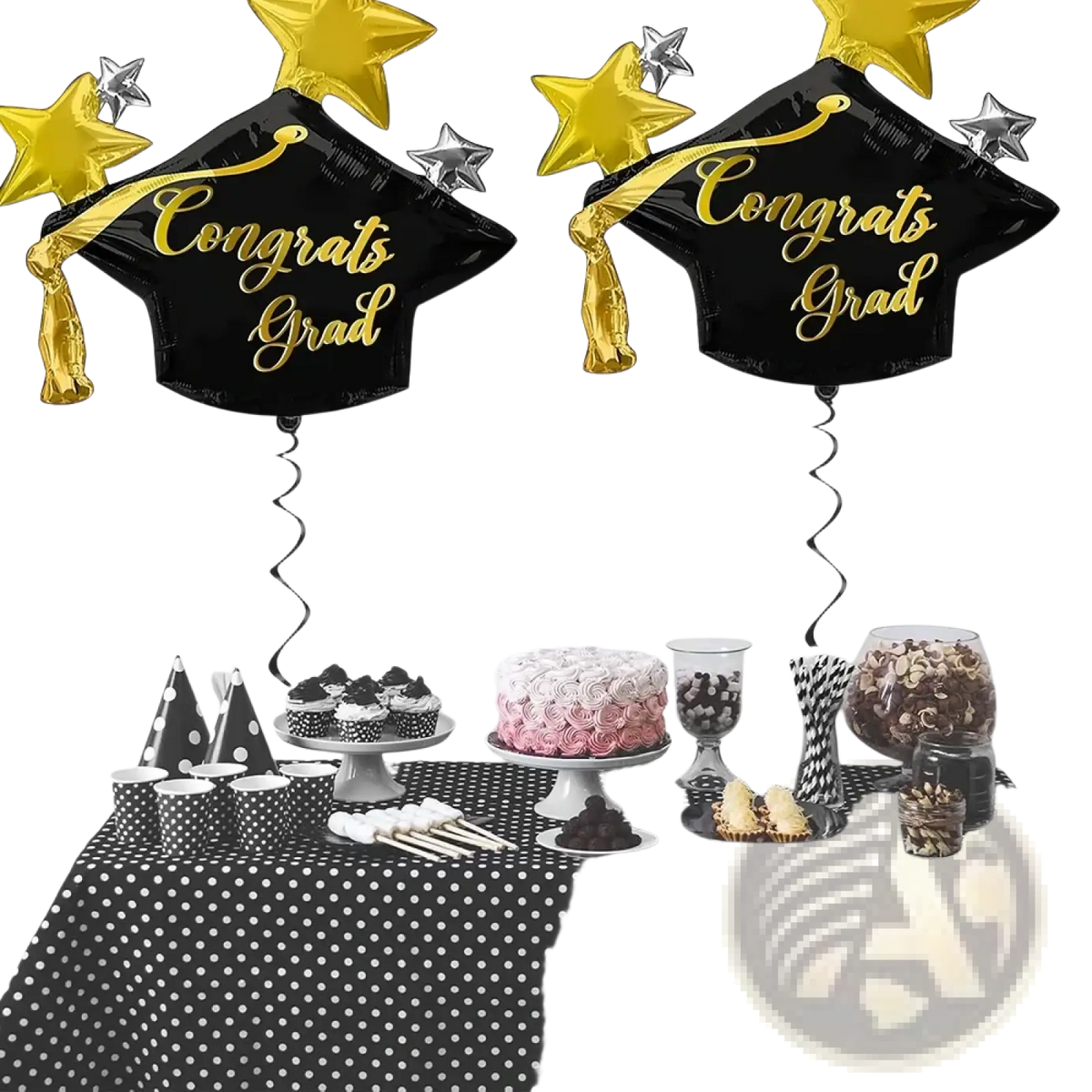 Graduation cap foil balloons 3-pack with black and gold foil, gold lettering, tassels, and star decorations for grad celebration