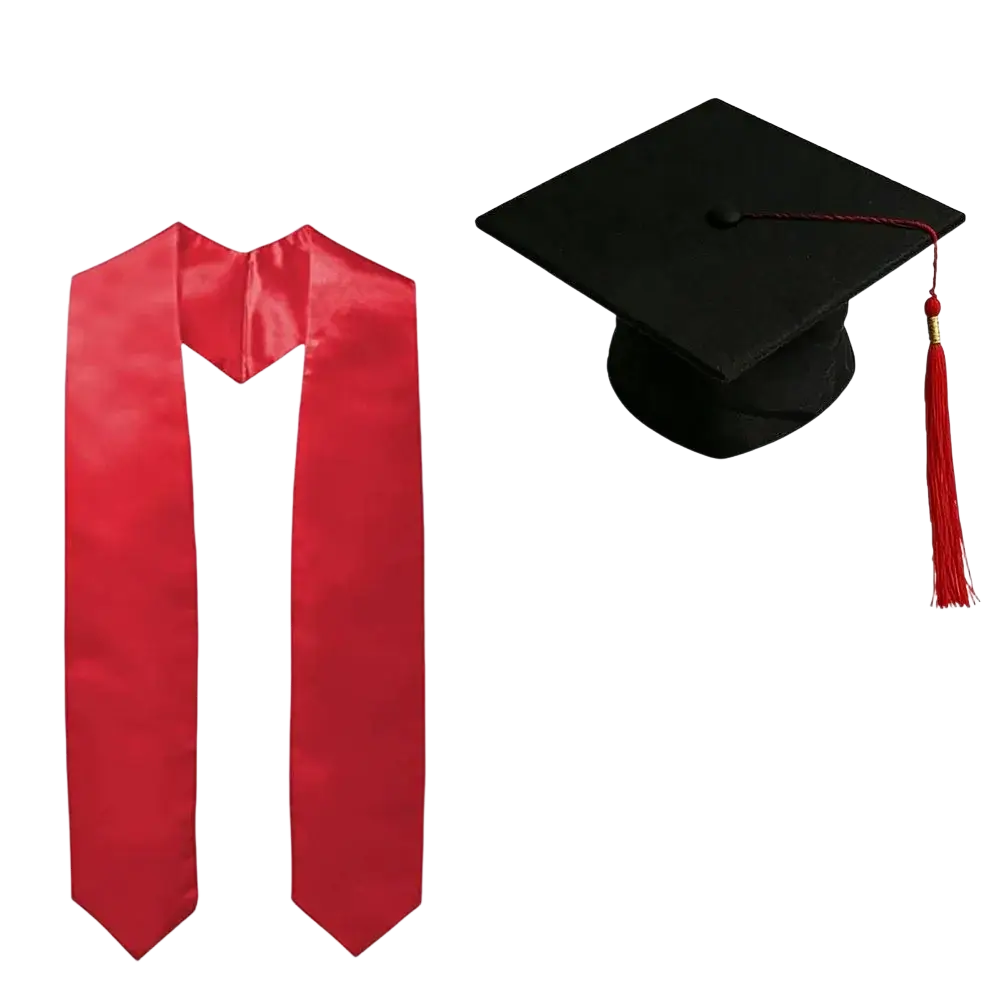 Graduation cap and satin stole set featuring a black cap with red tassel and matching red satin stole for ceremonies