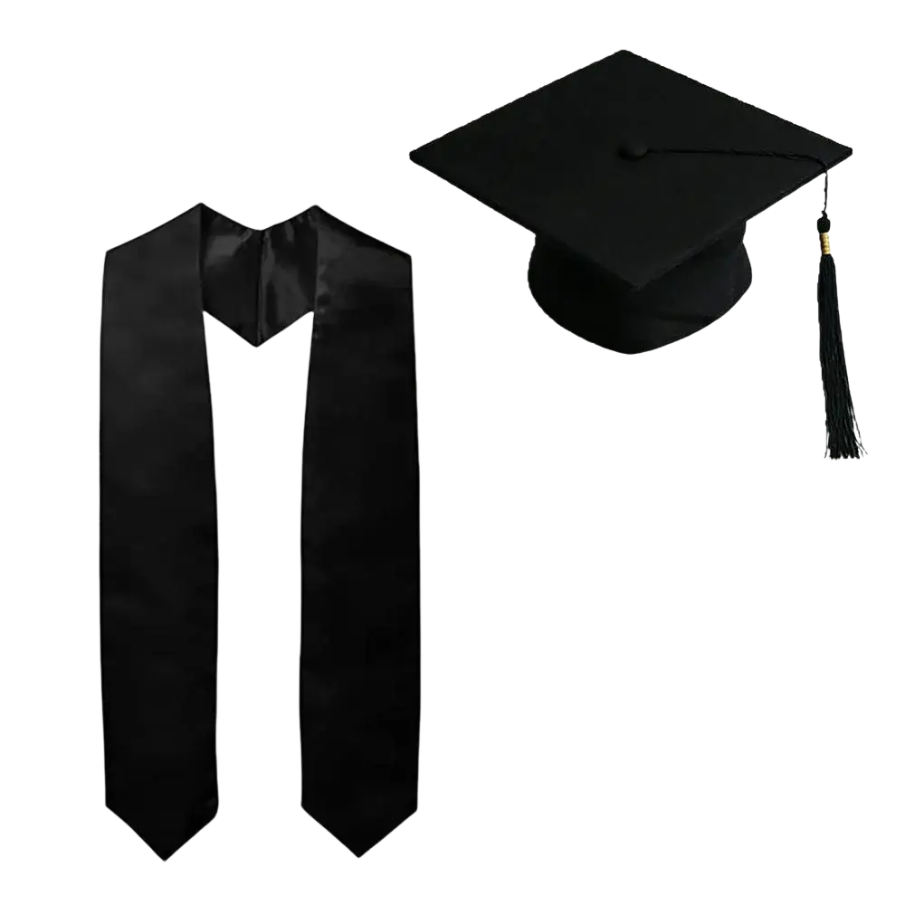 Graduation cap and satin stole set in black satin featuring a cap and matching stole for graduation ceremonies