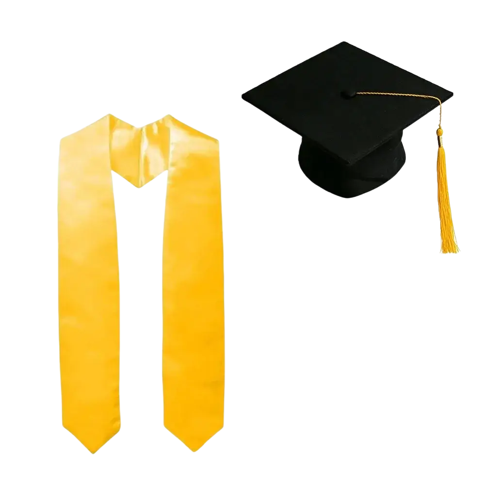 Black graduation cap with a gold tassel from a graduation cap and satin stole set made of satin material
