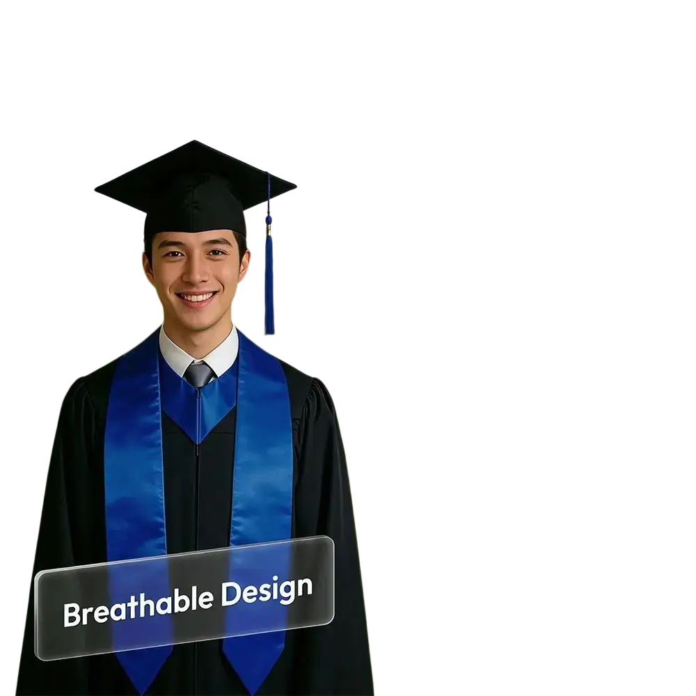 Blue satin stole with matte finish fabric and detachable tassel included in graduation cap and satin stole set