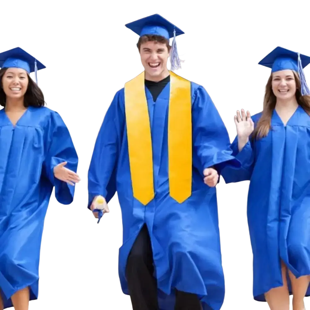 Blue graduation gown with yellow satin stole and matching blue cap for graduation ceremonies