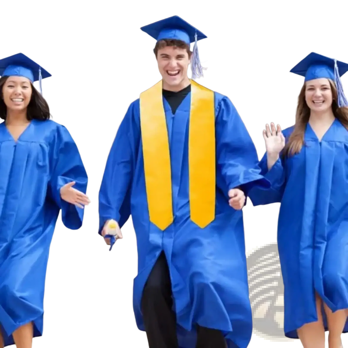 Blue graduation gown with yellow satin stole and matching blue cap for graduation ceremonies
