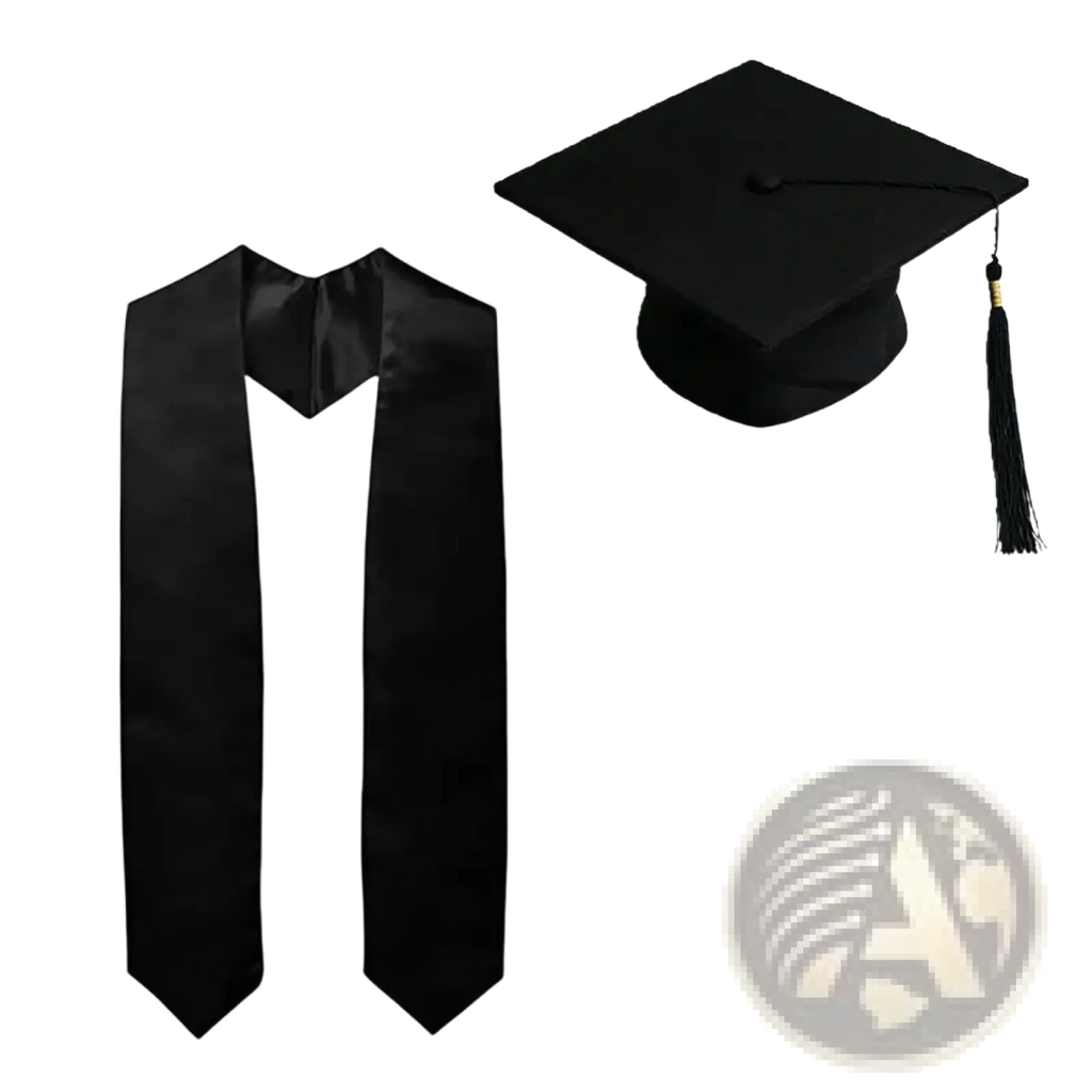 Graduation cap and satin stole set in black satin featuring a cap and matching stole for graduation ceremonies