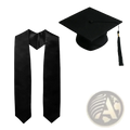 Graduation cap and satin stole set in black satin featuring a cap and matching stole for graduation ceremonies