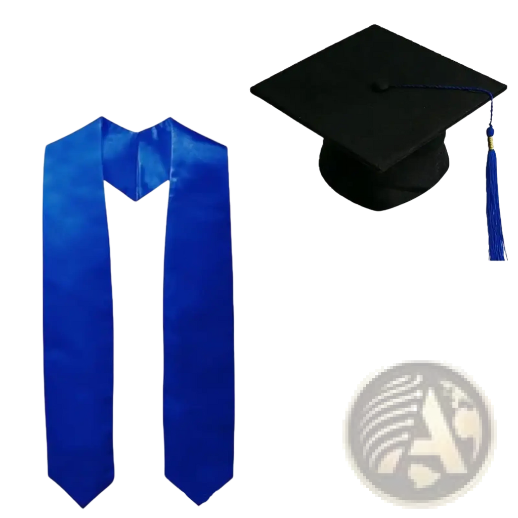 Graduation cap and satin stole set featuring a vibrant royal blue satin stole with matching tassel and black mortarboard cap