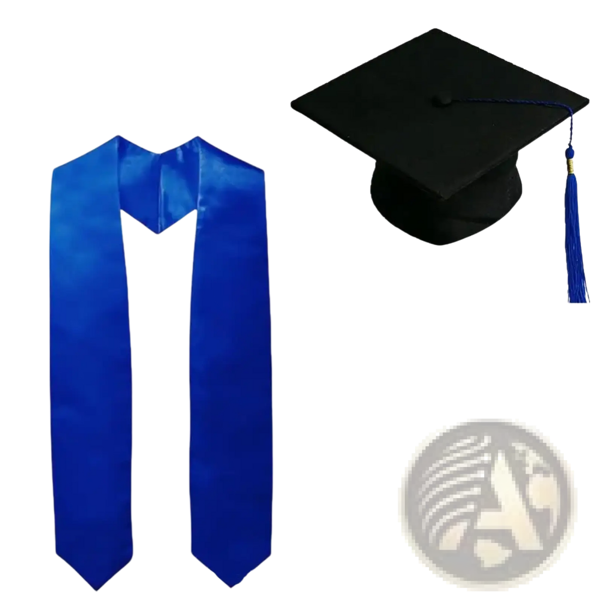 Graduation cap and satin stole set featuring a vibrant royal blue satin stole with matching tassel and black mortarboard cap