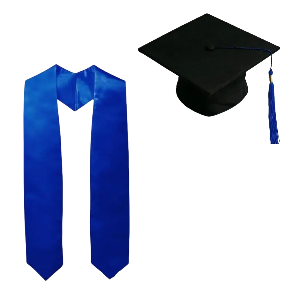 Graduation cap and satin stole set featuring a vibrant royal blue satin stole with a smooth glossy finish