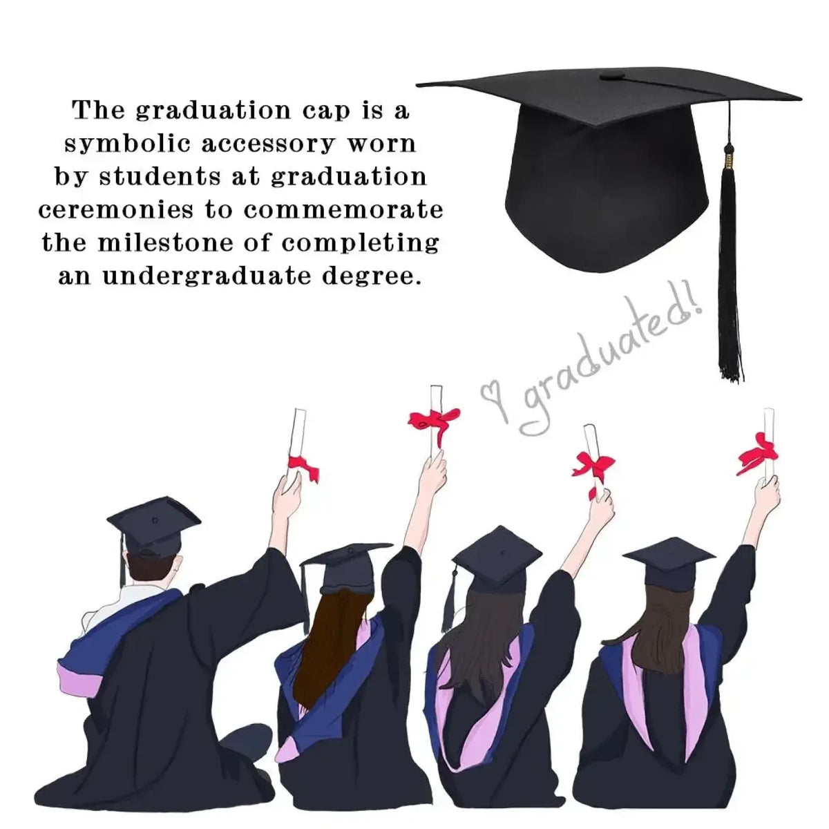 Black graduation cap with matching black tassel featuring an adjustable band for comfortable fit