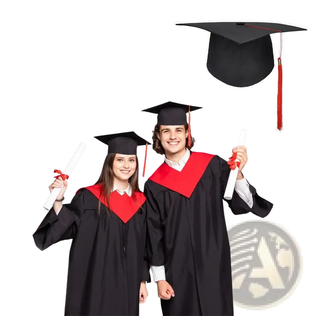 Black graduation cap with red tassel and adjustable band designed for academic ceremonies and comfortable fit