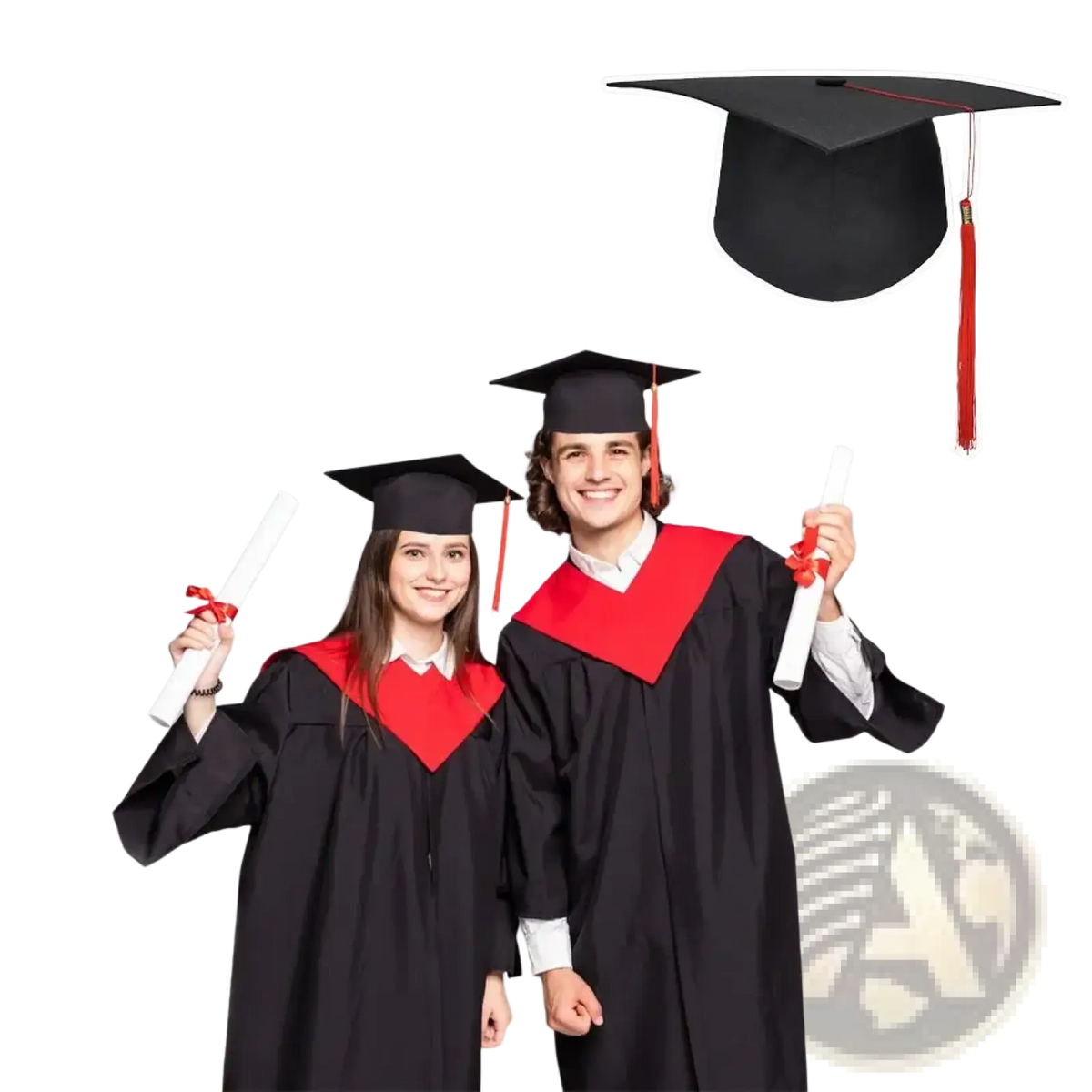 Black graduation cap with red tassel and adjustable band designed for academic ceremonies and comfortable fit