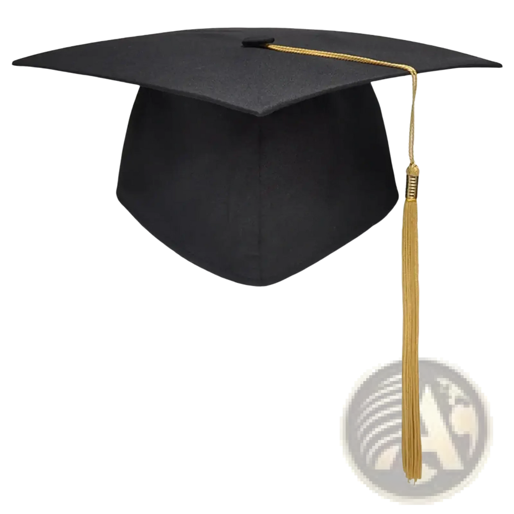 Black graduation cap with a gold tassel and adjustable elastic band for secure and comfortable wear