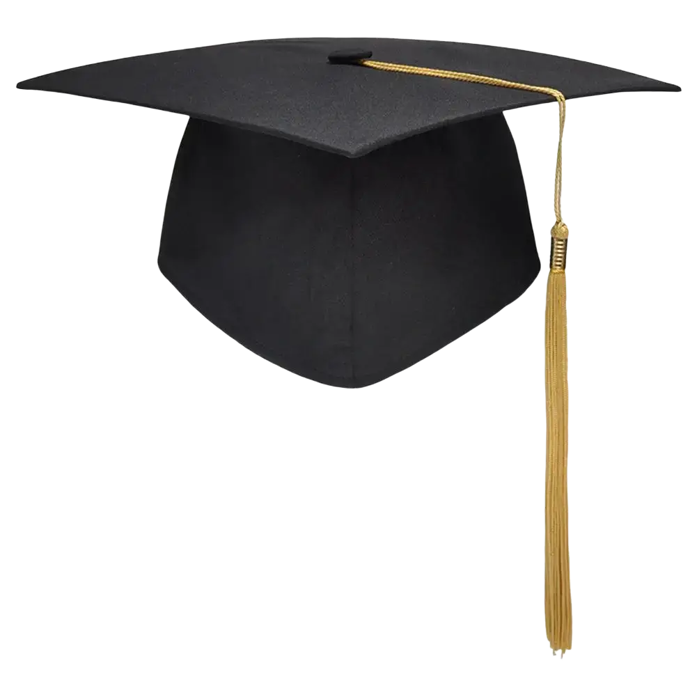 Black graduation cap with a gold tassel and adjustable elastic band for secure and comfortable wear