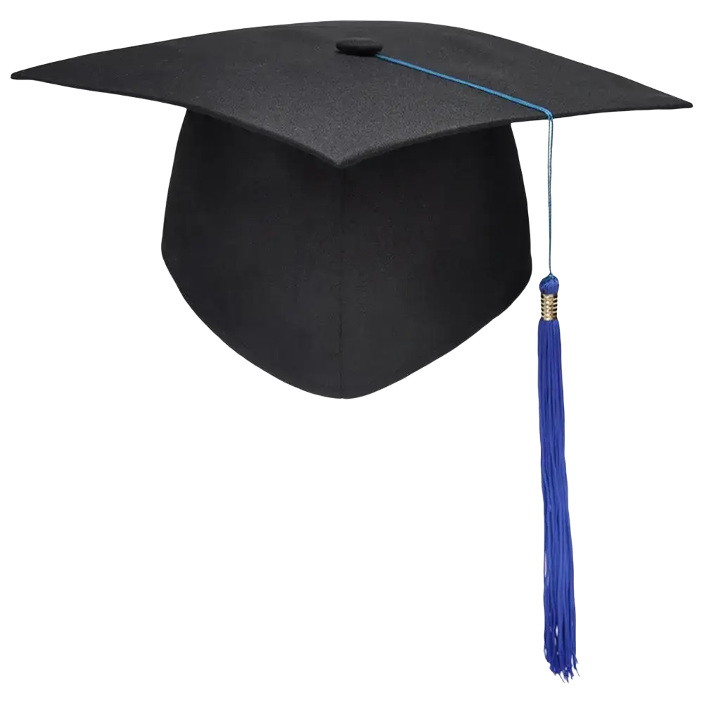 Graduation cap with adjustable elastic band featuring a black cap with a vibrant blue tassel and gold-accented top