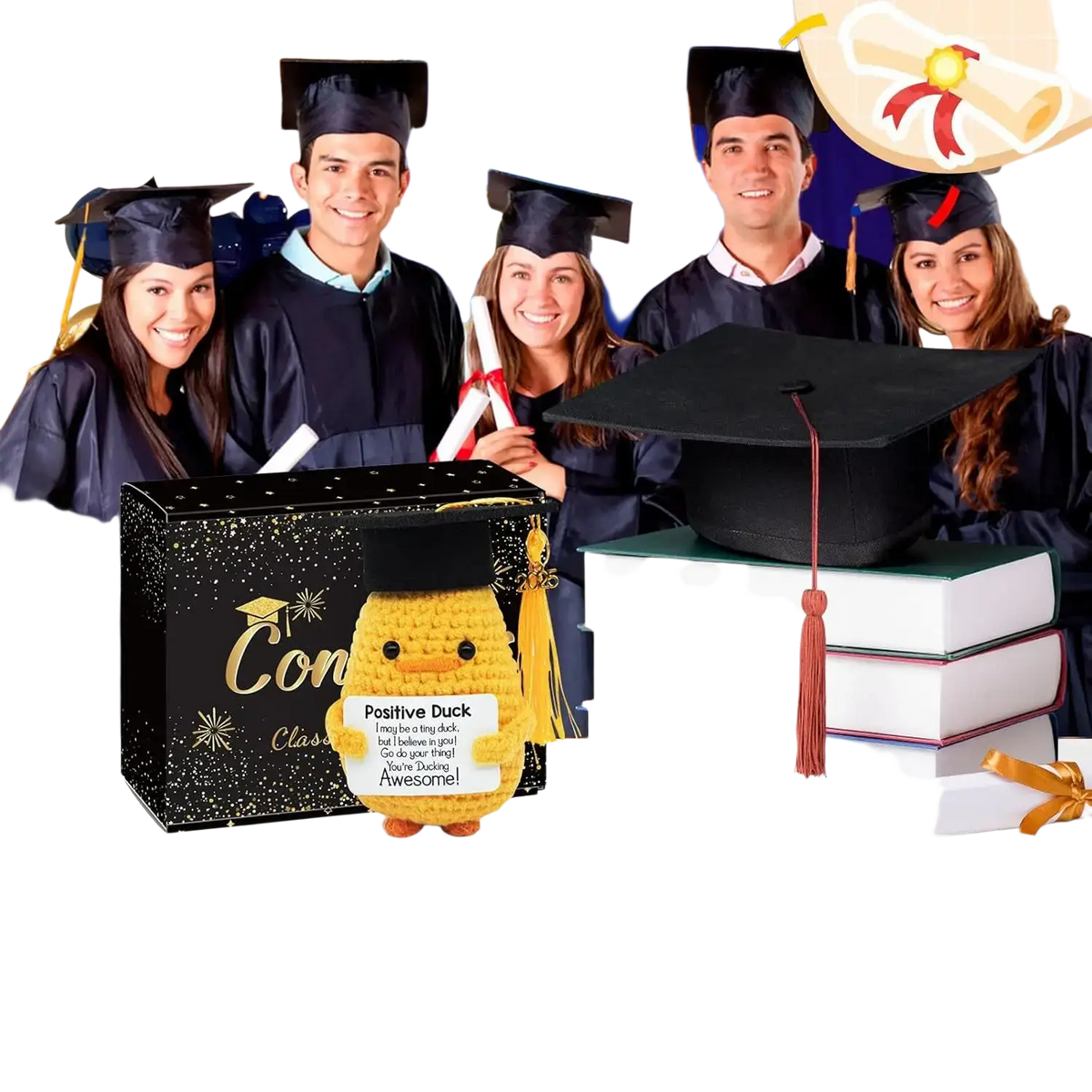 Yellow crocheted duck wearing a black graduation cap with red tassel holding a positive duck sign graduation gift 2025