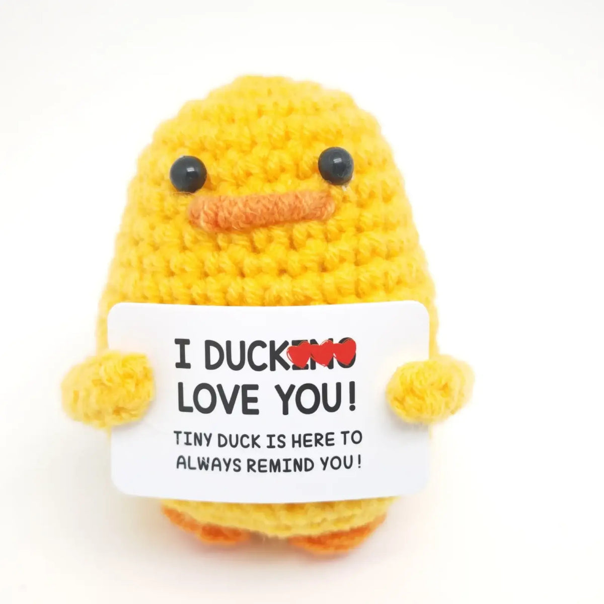 Graduation crochet duck 2025 gift featuring a yellow crocheted duck holding a white sign with a love message