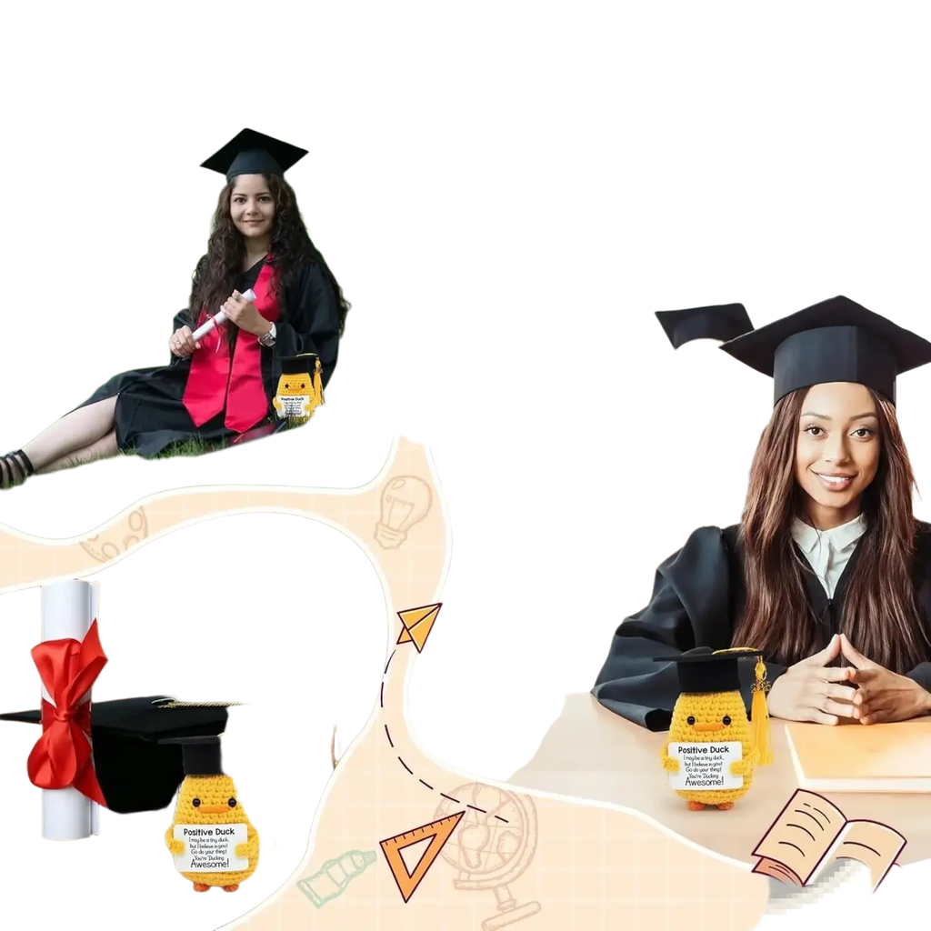 Yellow crocheted graduation cap ornament with tassel and positive duck label for graduation gift 2025