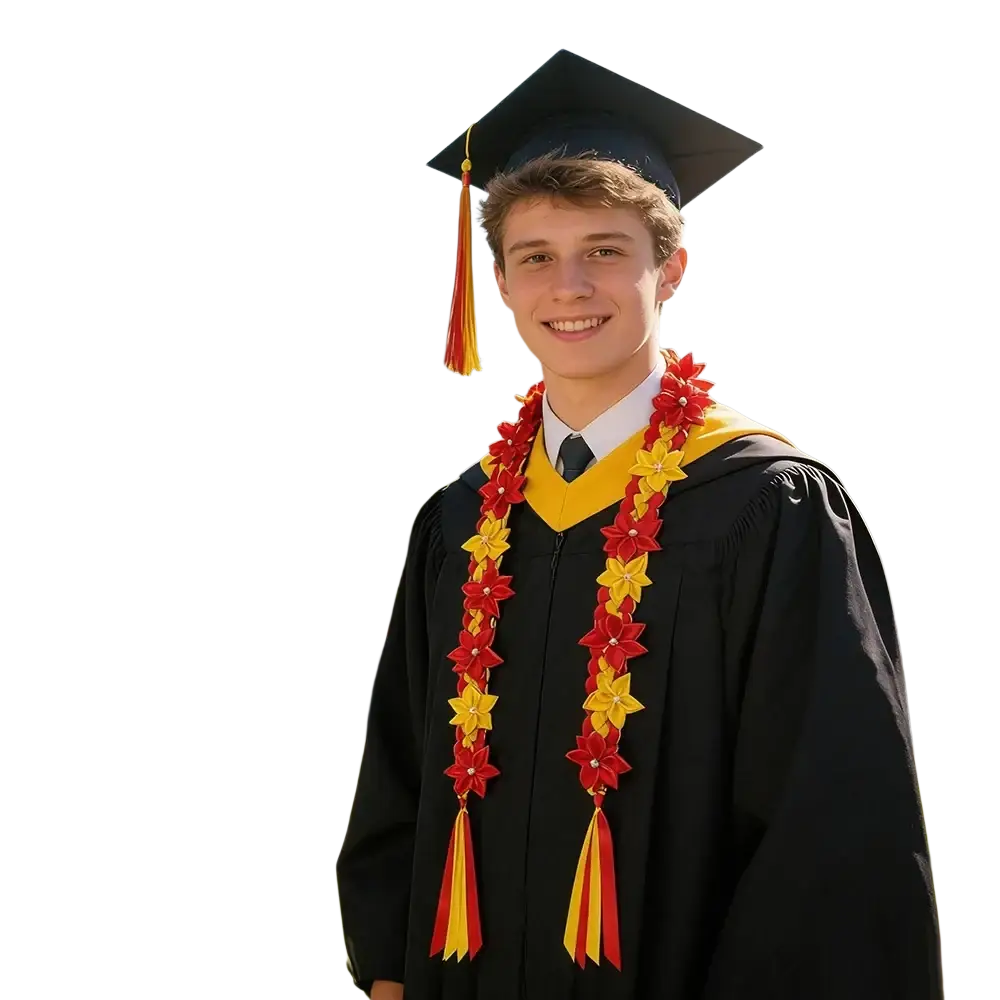 Black graduation cap with yellow and red tassel paired with a graduation flower lei Hawaiian garland necklace