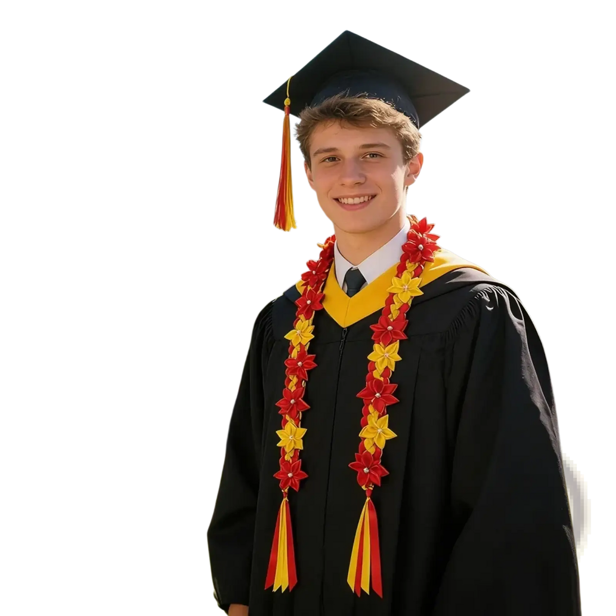 Black graduation cap with yellow and red tassel paired with a graduation flower lei Hawaiian garland necklace