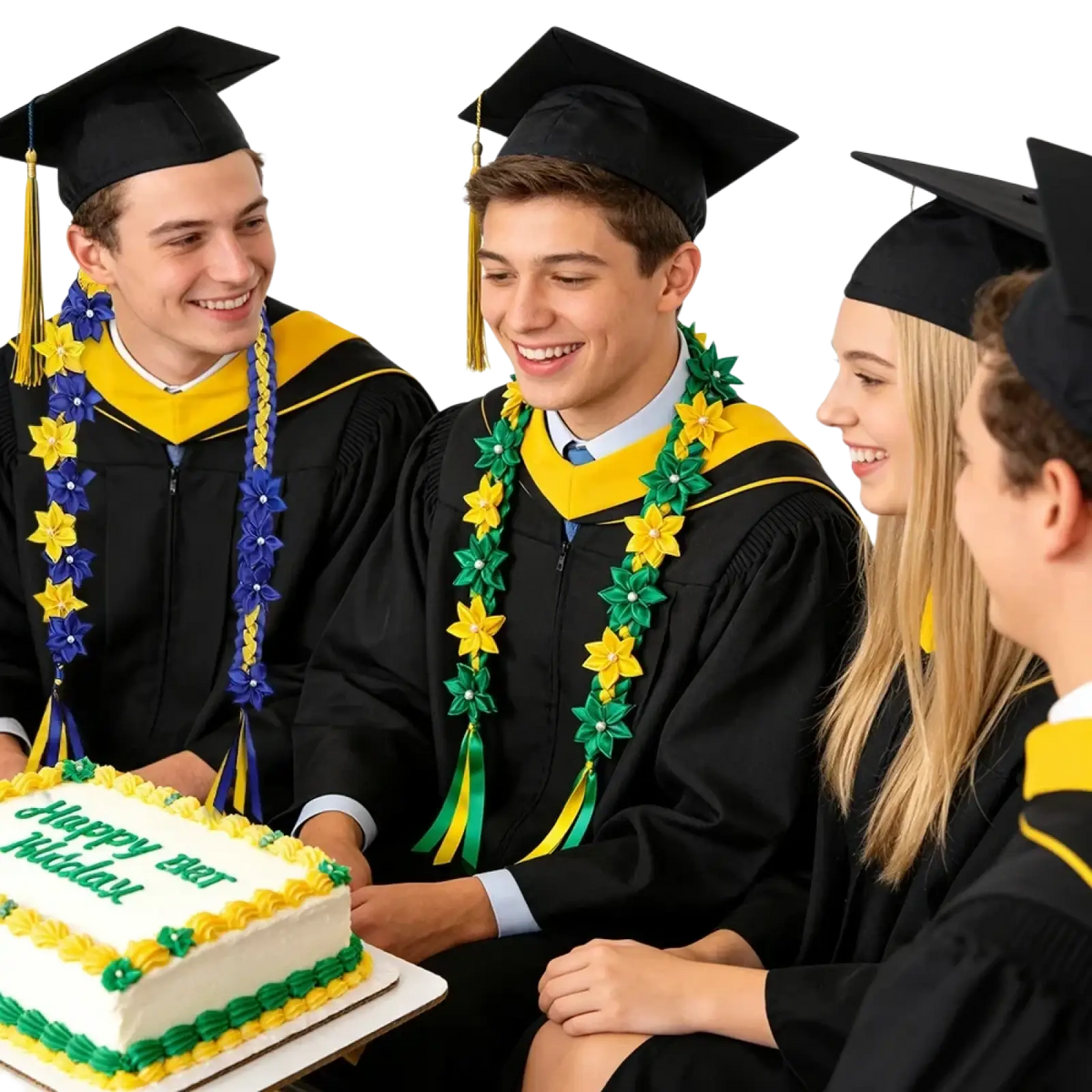 Black graduation caps with gold tassels paired with a graduation flower lei hawaiian garland necklace for ceremonies