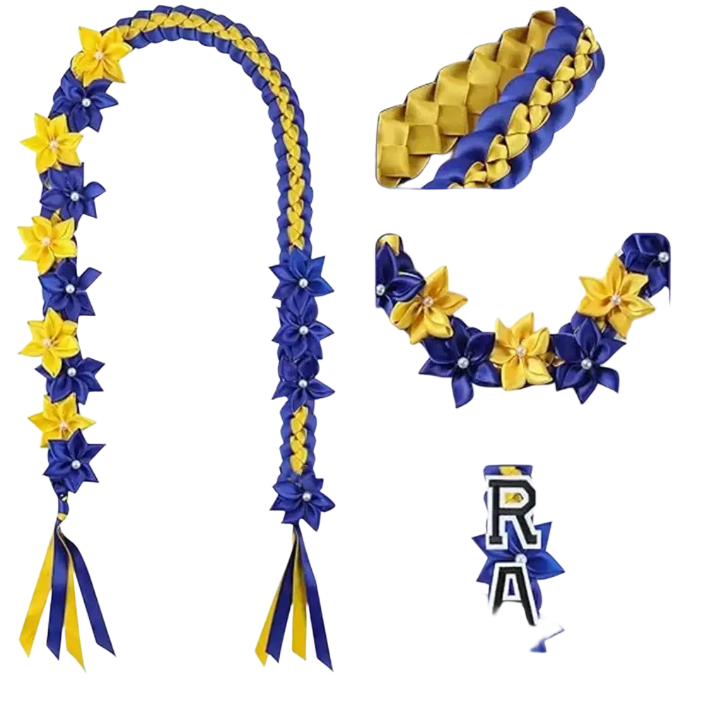 Blue and yellow ribbon graduation flower lei hawaiian garland necklace with fabric flowers and pearl accents