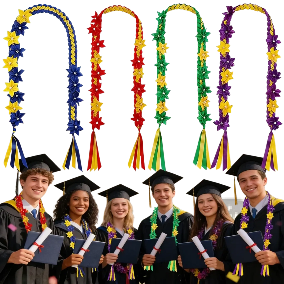 Colorful braided graduation flower lei Hawaiian garland necklace with tassels and flower-shaped ornaments for celebration