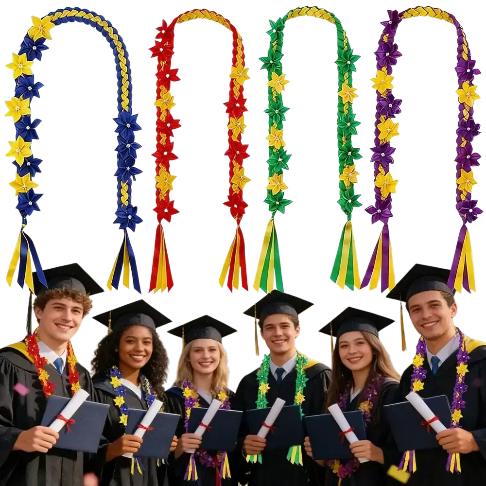 Colorful blue-yellow, red-yellow, green-yellow, and purple-yellow graduation flower lei hawaiian garland with tassels
