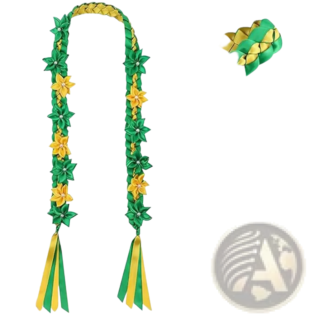 Graduation flower lei Hawaiian garland necklace with green and yellow double braided ribbon and detachable flower accents